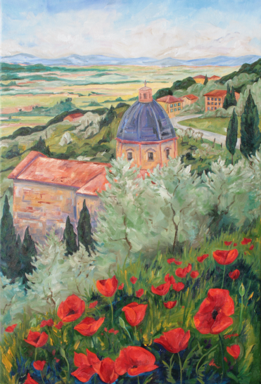 A view of a Tuscan valley with bright red poppies in the foreground and green and yellow rolling hills peppered with Tuscan houses in the background.
