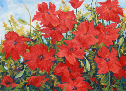 A close up painting of a bush of bright red poppies.