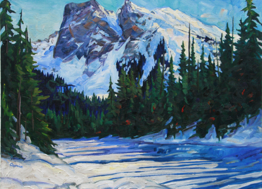 A winter scene of Emerald Lake covered in snow and surrounded by thick evergreen forest. A blocky, shaded mountain full of purple and orange brushstrokes is partly covered by blue and yellow hues of snow on the mountain top and vivid shadows in the foreground of the painting.