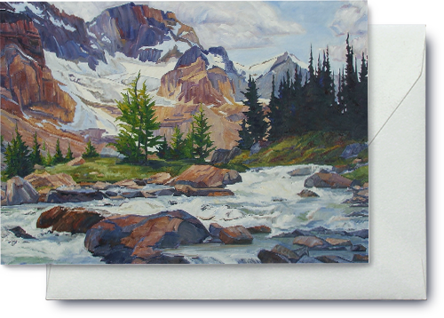 Envelope and fine art card featuring a view of a turbid river in the Bugaboos flowing around rocks through an alpine meadow with evergreens. A mountain in the background featuring shades of purple and a large glacier.