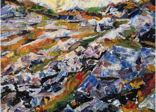 Abstract painting resembling a rocky alpine meadow featuring bold and blocky grey, purple and white with green and orange highlights.