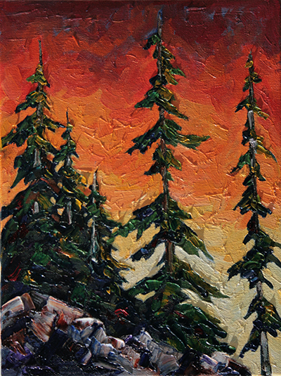 Four evergreen trees in front of a sunset of bold orange, reds, and yellows.
