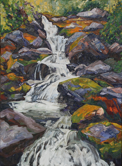 A painting of Mause Creek with mossy rocks, the water falling left and right as it weaves its way down the centre of the painting.