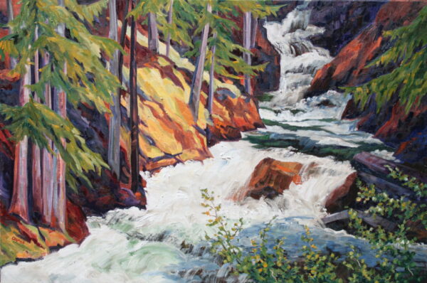 On the Bright Side painting of a rushing river near Kootenay Lake with sun hitting the trees on the left bank and the right bank in shadow