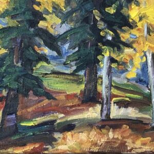 This painting depicts pine trees and birch trees with autumn leaves. View is near St. Mary's Lake in the East Kootenay of British Columbia.