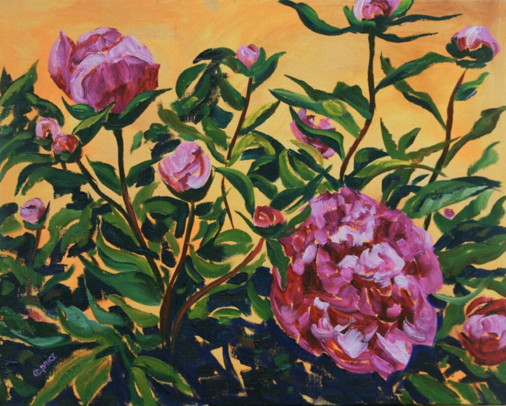 This oil painting shows bright pink peonies on a yellow background from Caprice's Mom's garden